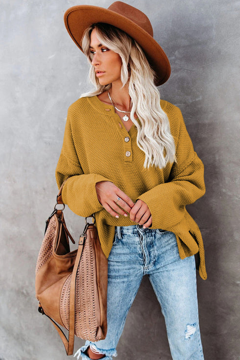 Henley Button Placket Side Slit Drop Shoulder Pullover Knit Sweater